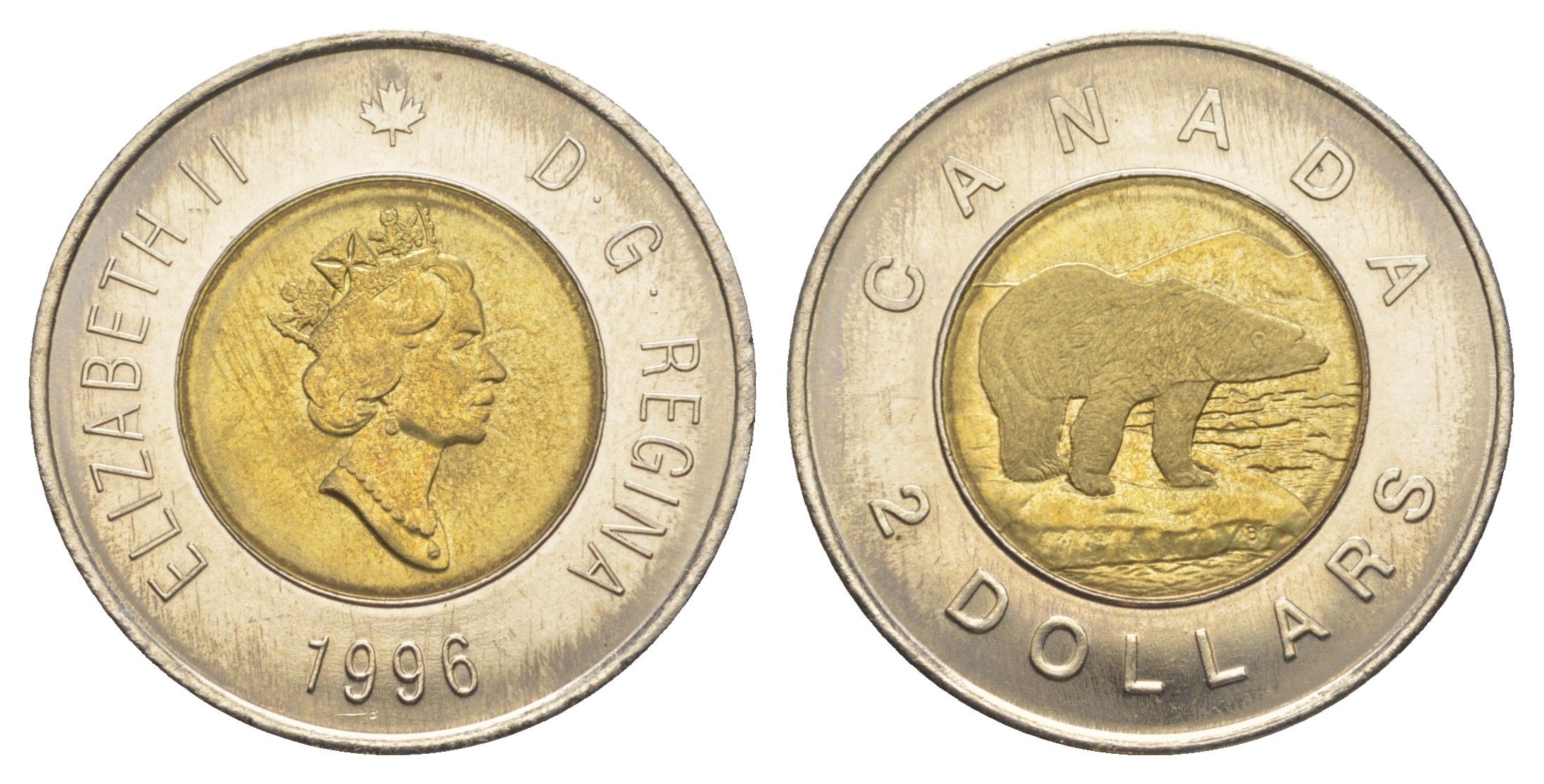 Канада 2 доллара 1996 Елизавета II (1952-2022), полярный медведь KM 270 биметалл UNC 4637-1026