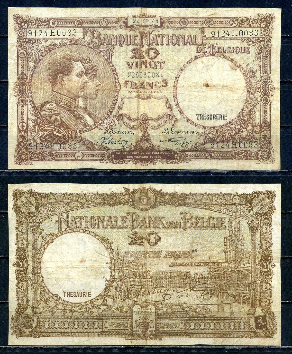 Бельгия 20 франков 1941 24.09.1941, Король Альберт I и его жена Королева Елизавета, Гран-Плас / Гроте Маркт, Брюссель Pick 111 (2) бумага 6301-32-1-1