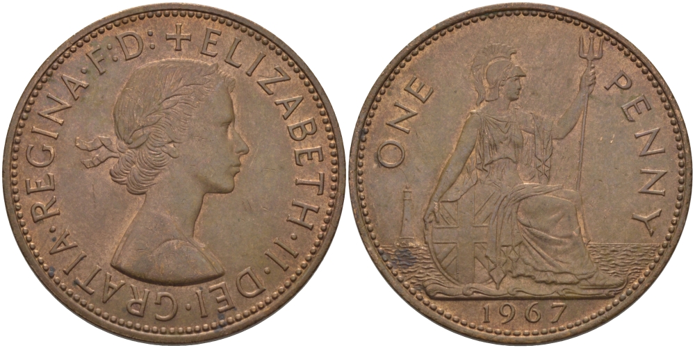 Великобритания 1 пенни 1967 Елизавета II (1952-2022) KM 897, Spink 4157 бронза 97-1116