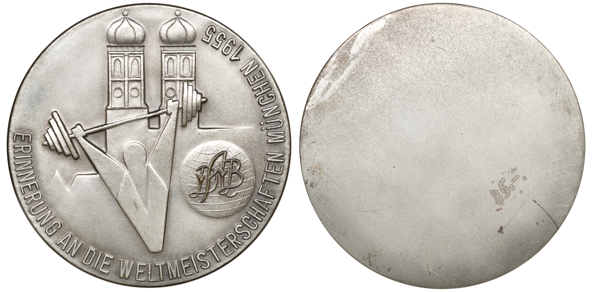 ФРГ медаль ND DYAB, в память об Олимпиаде в Мюнхене 1955 года, тяжелая атлетика, штанга, диаметр 82 мм.  белый металл    8-1-07-11