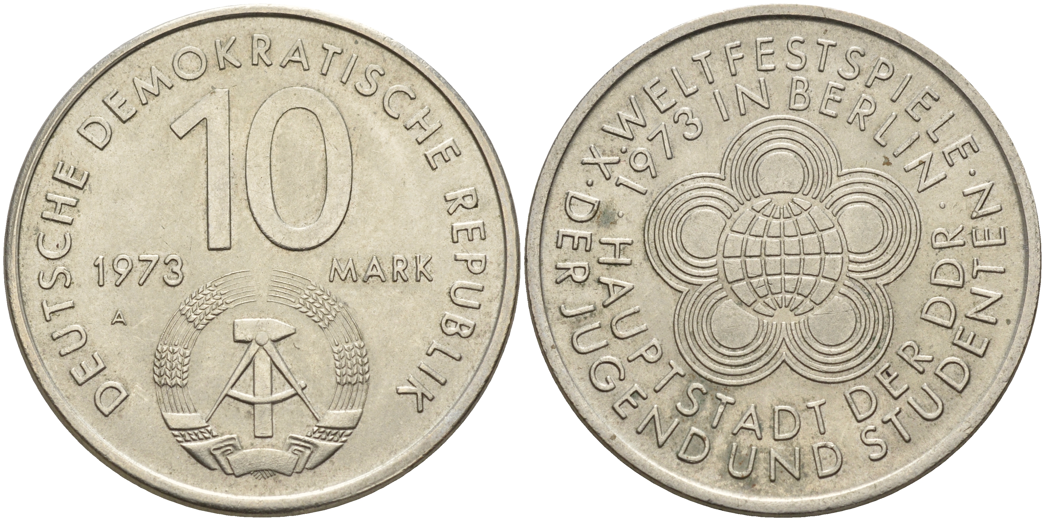 ГДР 10 марок 1973 A, фестиваль молодежи и студентов 1973 года в Берлине KM 44, J. 1545 медно-никель UNC  4157-323