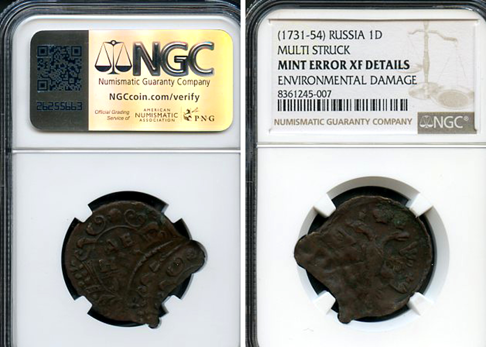 Россия деньга ND (1736-1737) Анна Иоанновна (1730-1740), красивый брак, многократный чекан монетной заготовки со сдвигом, в слабе NGС XF DETAILS  медь    15-024-08