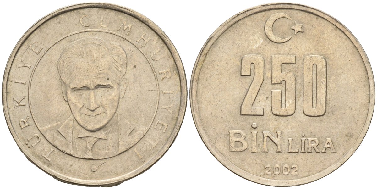 Турция 250 лир 2002 Мустафа Кемаль Ататюрк KM 1137 медь никель цинк 4143-1153