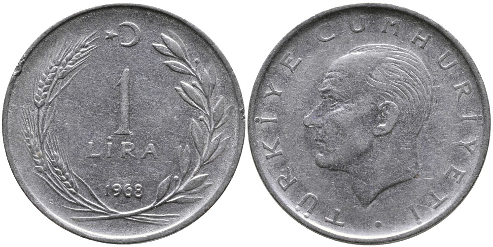 Турция 1 лира 1968 Мустафа Кемаль Ататюрк KM 889а.2 нержавеющая сталь 4538-826
