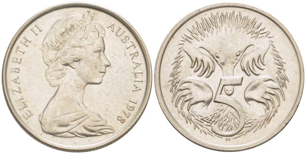 АВСТРАЛИЯ 5 ЦЕНТОВ 1978 ЕЛИЗАВЕТА II (1952-) МОЛОДОЙ ПОРТРЕТ, ЕХИДНА KM 64 медно-никель 4516-659