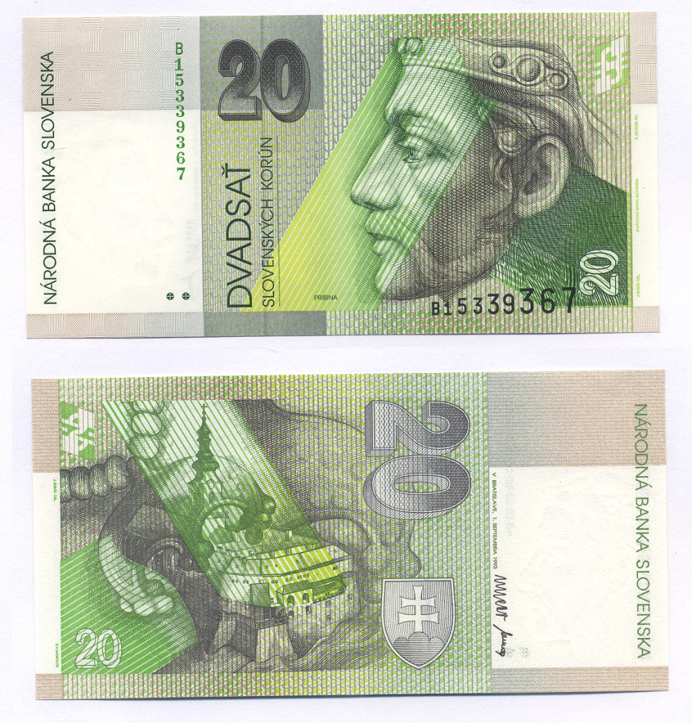 СЛОВАКИЯ 20 КРОН 1993 1 СЕНТЯБРЯ 1993, СЕРИЯ В, ПРИНЦ ПРИБИНА Pick 20a бумага UNC (ПРЕСС) 7205-35-3