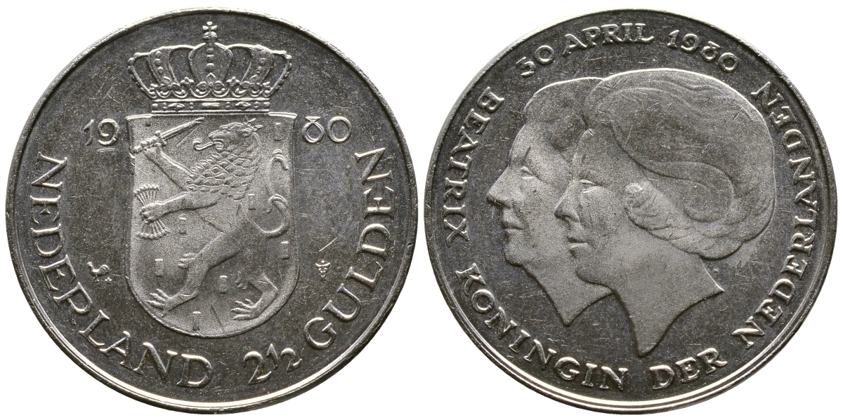 Нидерланды 2 1/2 гульдена 1980 коронация Беатрикс, 30 апреля 1980 KM 201 никель 4384-931