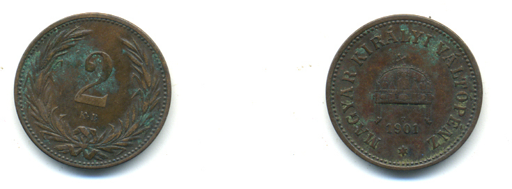 Венгрия 2 филлера 1901 KB, Франц Иосиф I (1848-1916) KM 481бронза 93-352