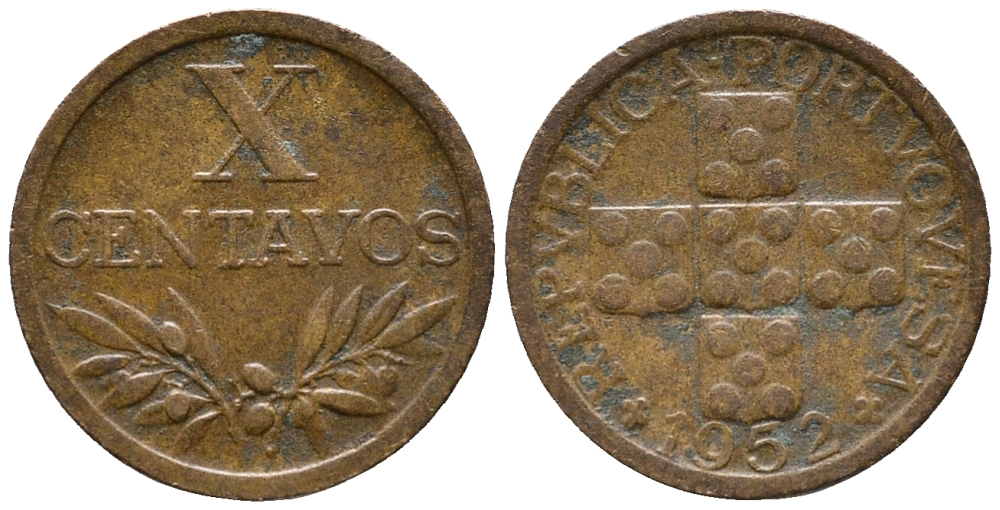 ПОРТУГАЛИЯ 10 СЕНТАВО 1952 KM 583 бронза 100-1246