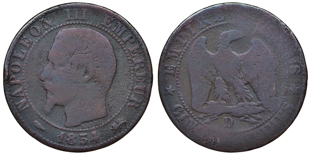Франция 5 сантимов 1854 D, Наполеон III (1852-1870) KM 777.4, Le Franc 116.12 бронза 4121-1256
