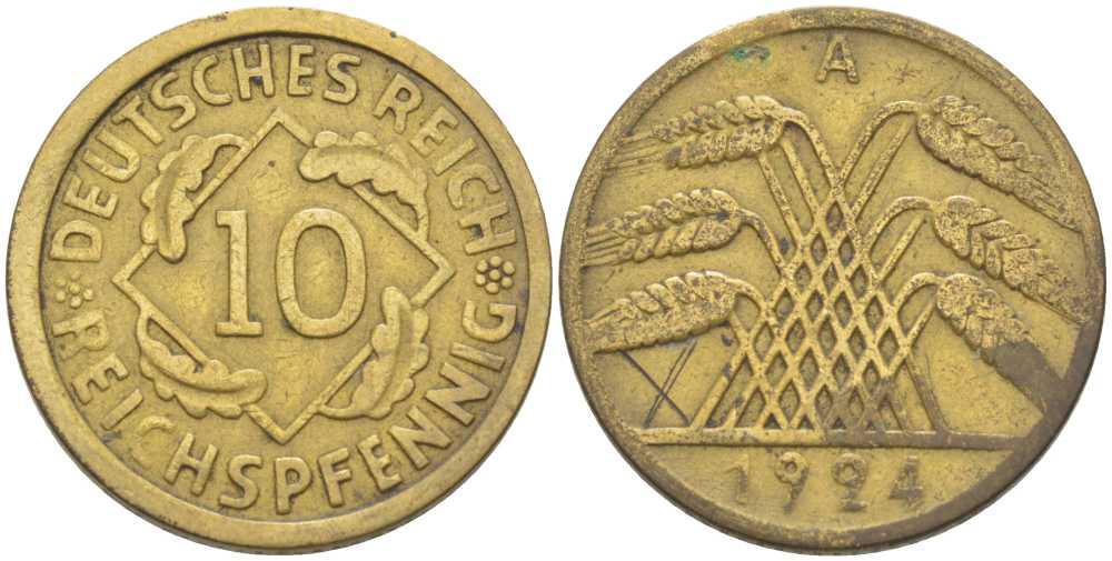 ГЕРМАНИЯ 10 РЕЙХСПФЕННИГОВ 1924 A KM 40, J.317, Weege 9 алюминиевая бронза 202-243