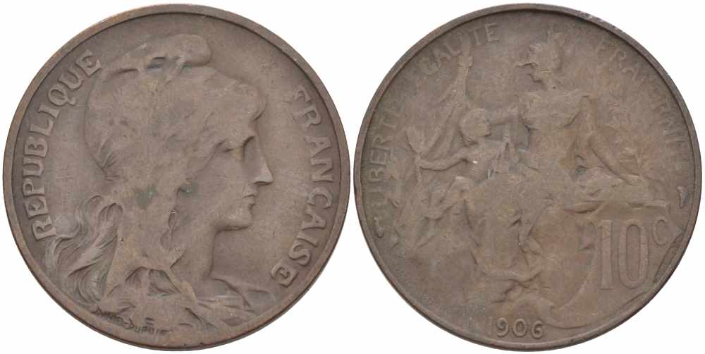ФРАНЦИЯ 10 САНТИМОВ 1906 ТИП ДАНИЭЛЬ ДЮПЮИ KM 843, LA FRANC 136.16 бронза 109-223