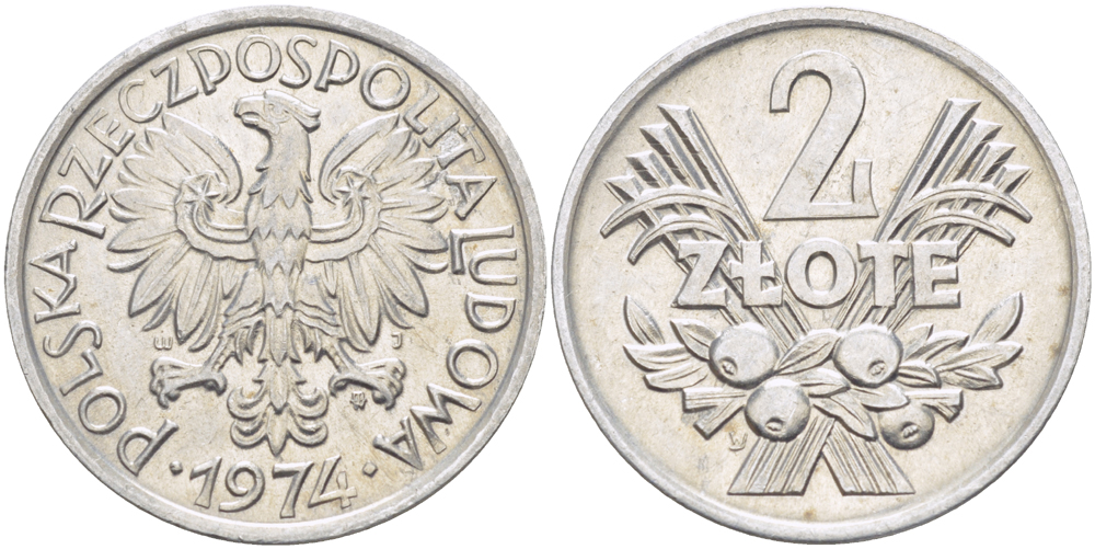 ПОЛЬША 2 ЗЛОТЫХ 1974 MW KM 46, Parchimowicz 216h алюминий 216-755