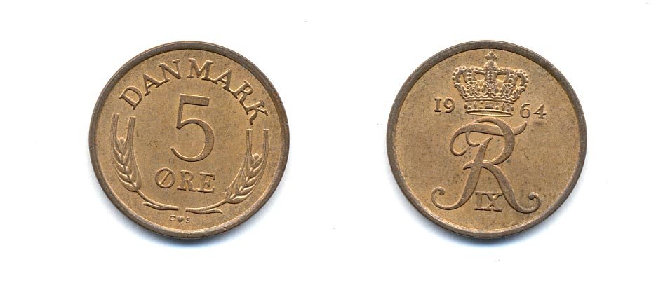 ДАНИЯ 5 ЭРЕ 1964 C; S, ФРЕДЕРИК IX (1947-1972) KM 848.1 бронза UNC 4379-1014