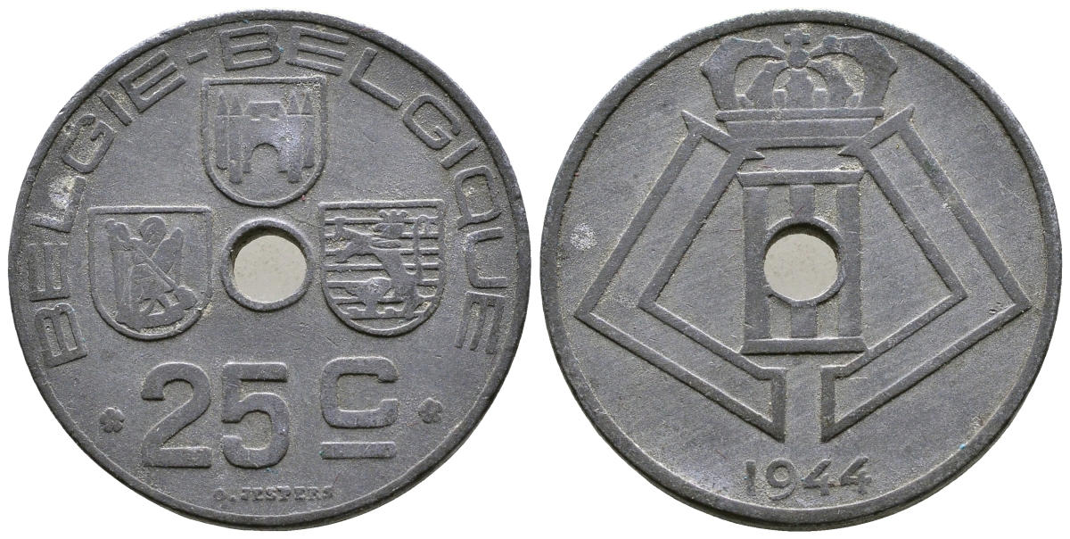 БЕЛЬГИЯ 25 САНТИМОВ 1944 BELGIE-BELGIQUE, ГЕРМАНСКАЯ ОККУПАЦИЯ, ВТОРАЯ МИРОВАЯ ВОЙНА KM 132 цинк 4379-126