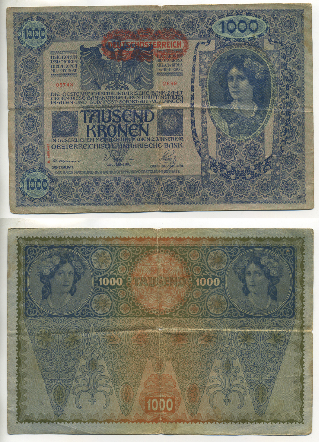 АВСТРИЯ 1000 КРОН 1919 КРАСНАЯ ГОРИЗОНТАЛЬНАЯ НАДПЕЧАТКА НА 1902 Pick 60 бумага 6299-35-2