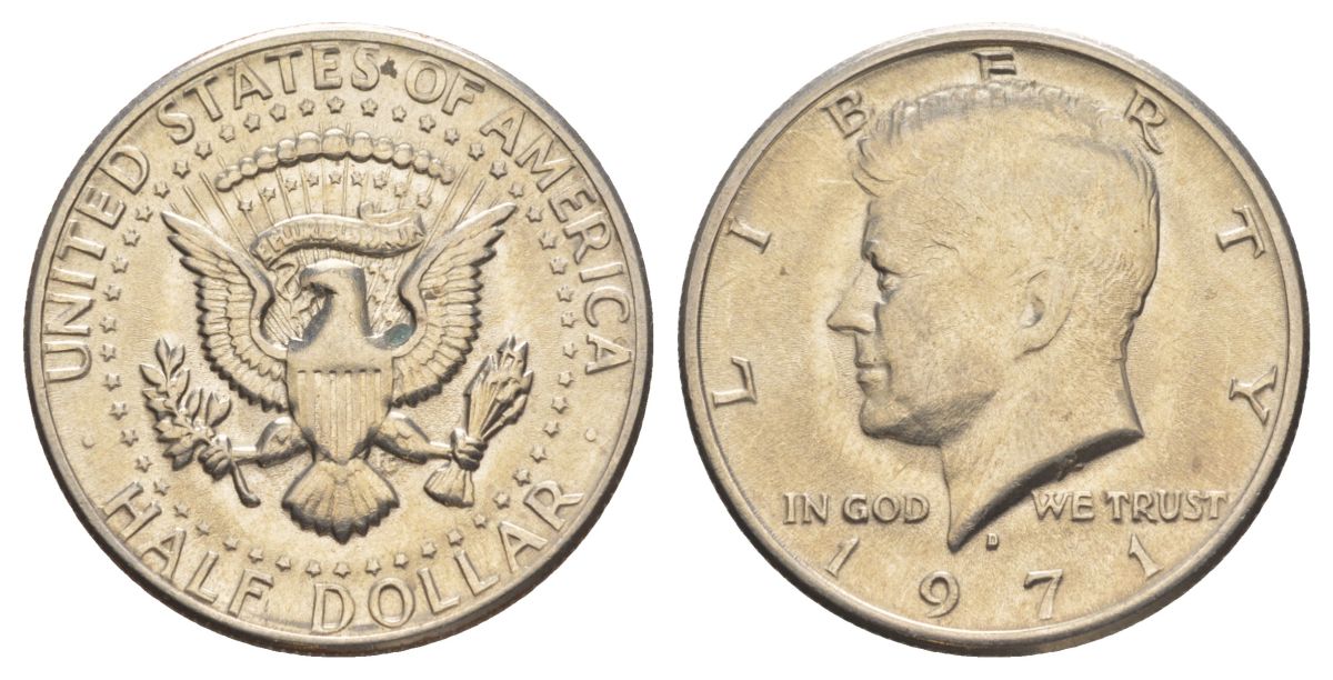 США 1/2 доллара (50 центов) 1971 D, Джон Кеннеди KM 202b медь плакированная медно-никелем aUNC 114-1035