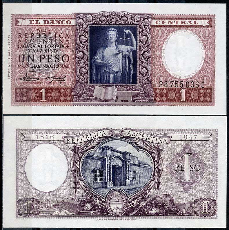 Аргентина 1 песо ND (1951) Декларация экономической независимости, серия C 28755, статуя юстиции, исторический дом, Тукуман Pick 260 b  бумага  UNC (пресс) 447-42-3