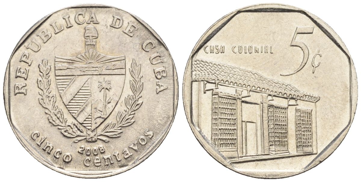 Куба 5 сентаво 2008 KM 575.2, Schoen 713, JMA MC19 сталь плакированная никелем 4115-1014