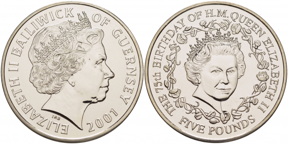 Гернси 5 фунтов 2001 75 лет королеве Елизавете II KM 108 медно-никель UNC 04-092-25-M13-4