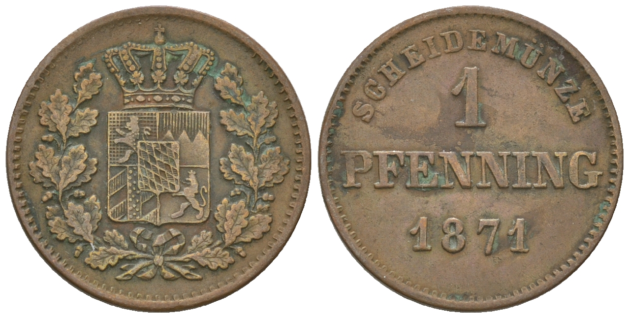 Бавария 1 пфенниг 1871 Людвиг II (1864-1886) KM 271 медь 4576-914