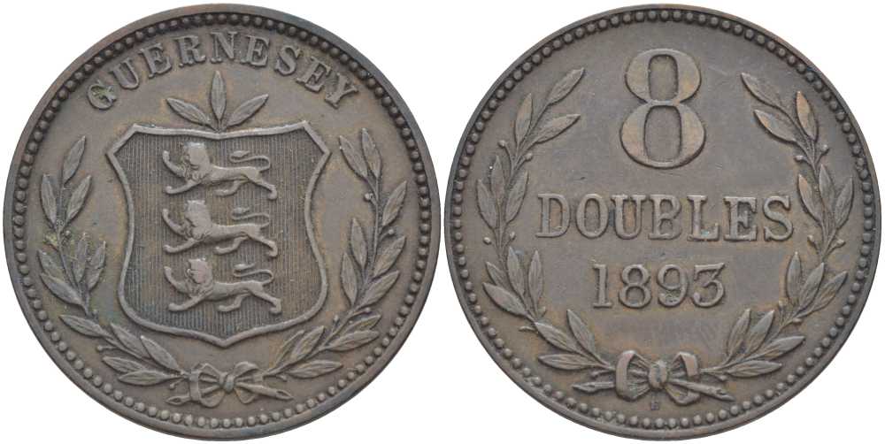 Гернси 8 даблов (дублей) 1893 KM 7 бронза 3996-531