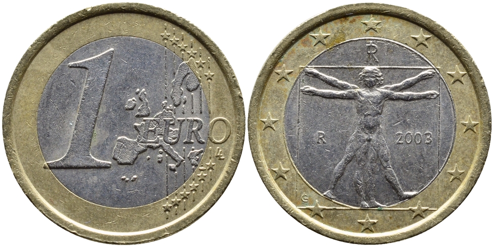 Италия 1 евро 2003 Витрувианский человек KM 216 биметалл 4391-134