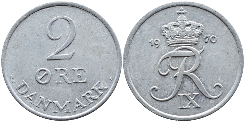 ДАНИЯ 2 ЭРЕ 1970 C; S, ФРЕДЕРИК IX (1947-1972) KM 840.2 цинк UNC 4391-1232