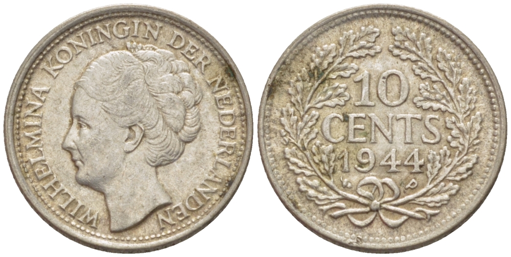 Нидерланды 10 центов 1944 Вильгельмина (1890-1948) KM 163 серебро aUNC 4392-1335