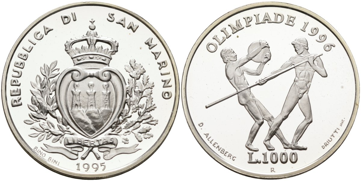 Сан-Марино 1000 лир 1995 XXVI летние Олимпийские игры в Атланте 1996 года, копьеметатель и дискобол KM 332 серебро PROOF 1096-4-12