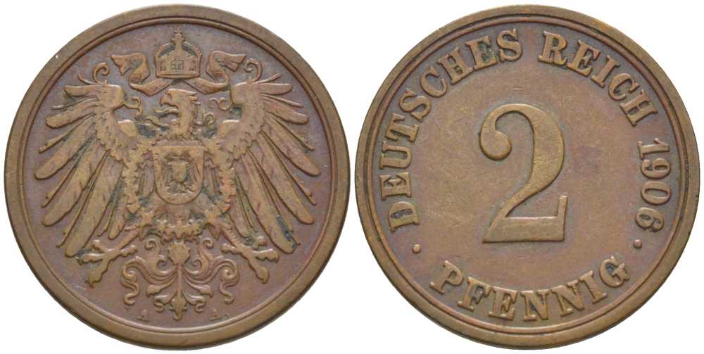 ГЕРМАНИЯ 2 ПФЕННИГА 1906 A KM 16, J. 11, Weege 4 медь 206-522