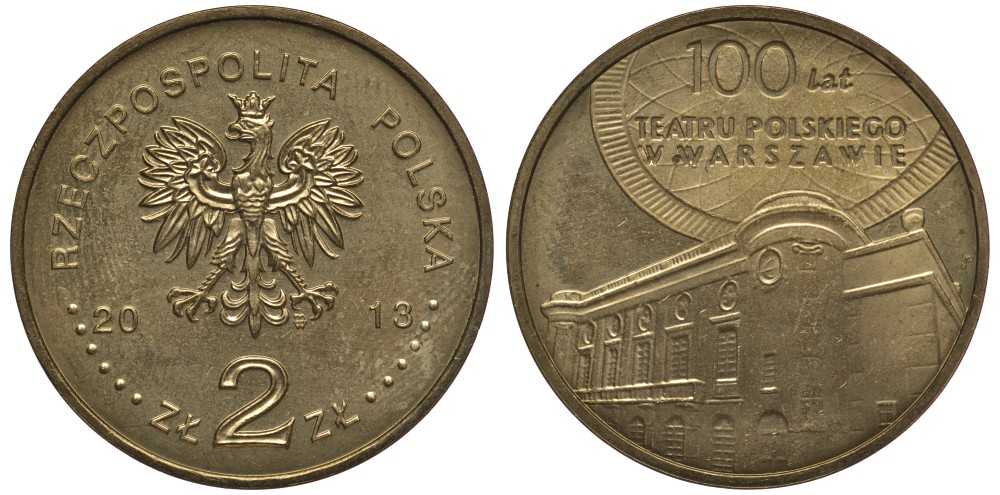ПОЛЬША 2 ЗЛОТЫХ 2013 100 ЛЕТ ПОЛЬСКОМУ ТЕАТРУ В ВАРШАВЕ KM 854 нордик 111-631