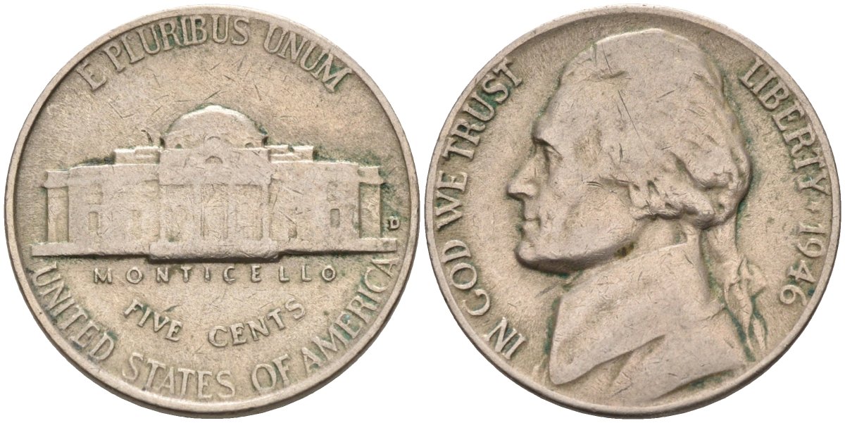 США 5 центов 1946 Джефферсон KM А192 медно-никель 4591-1031