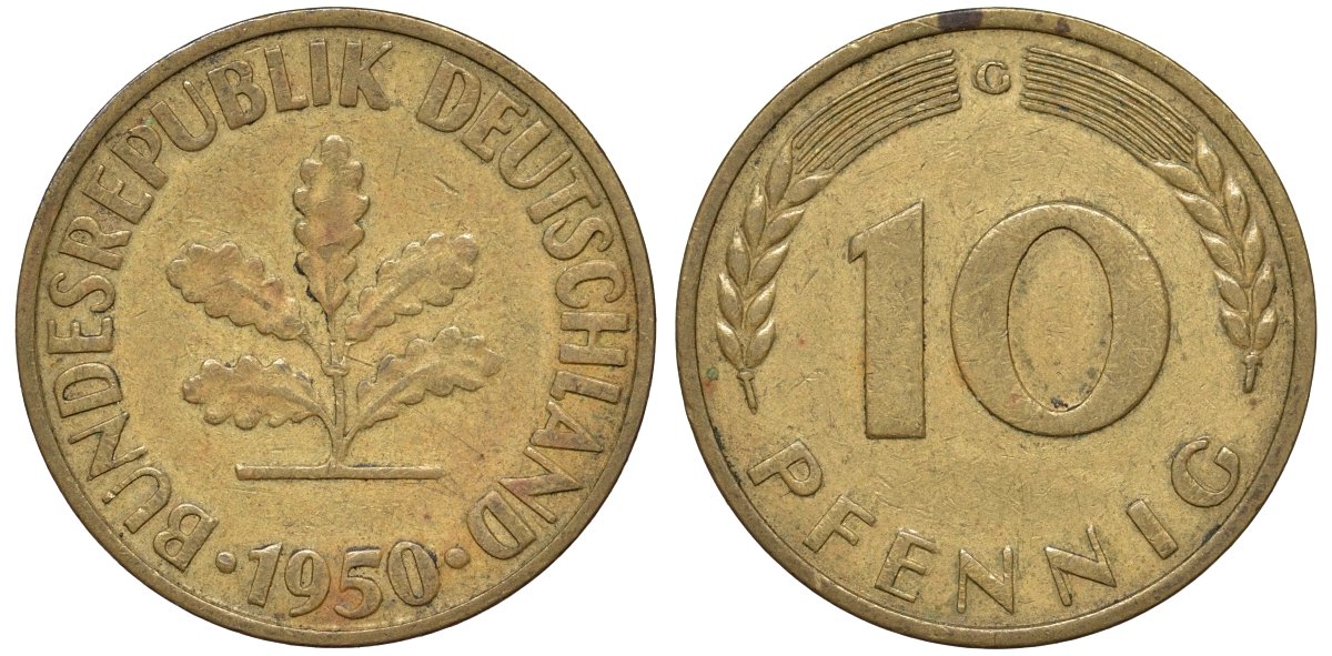 ФРГ 10 пфеннигов 1950 C KM 108, J. 383 сталь плакированная латунью 4132-517