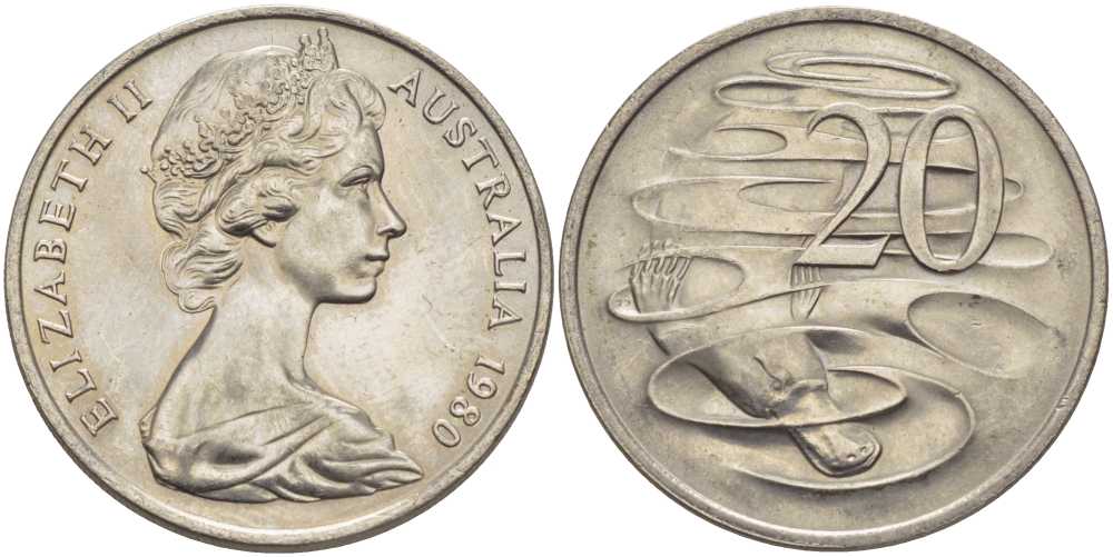 АВСТРАЛИЯ 20 ЦЕНТОВ 1980 ЕЛИЗАВЕТА II, МОЛОДОЙ ПОРТРЕТ, УТКОНОС KM 66 медно-никель 38-722