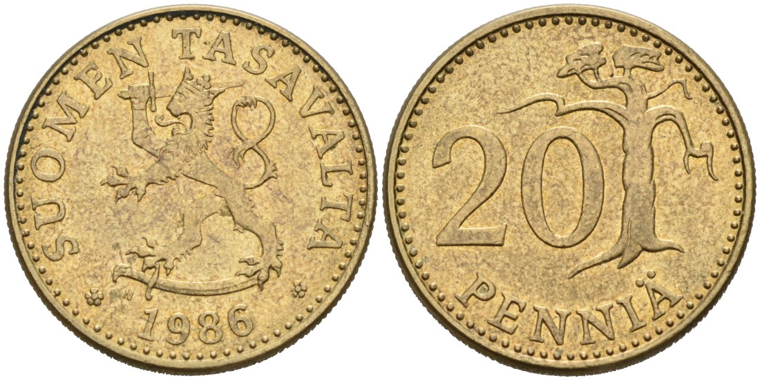 ФИНЛЯНДИЯ 20 ПЕННИ 1986 N KM 47 алюминиевая бронза 4563-337