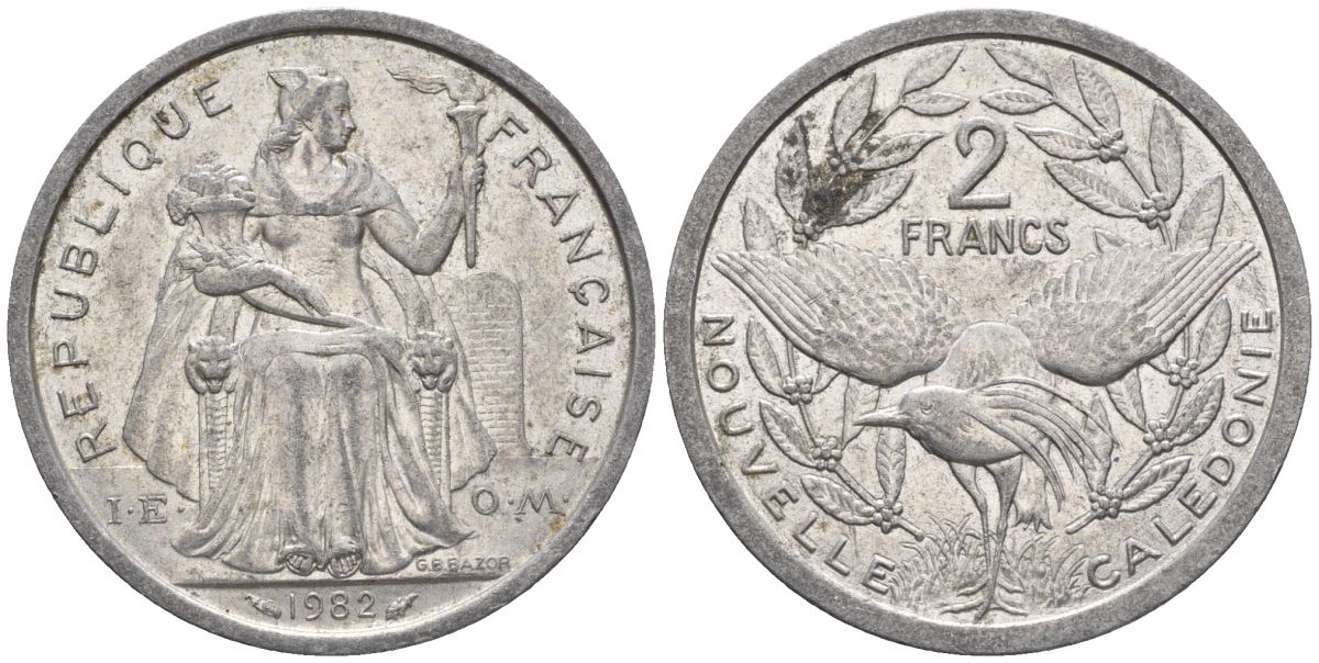 Французская Новая Каледония 2 франка 1982 птица кагу, (IEOM) KM 14, Schoen 11, Lec 62 алюминий    27-511
