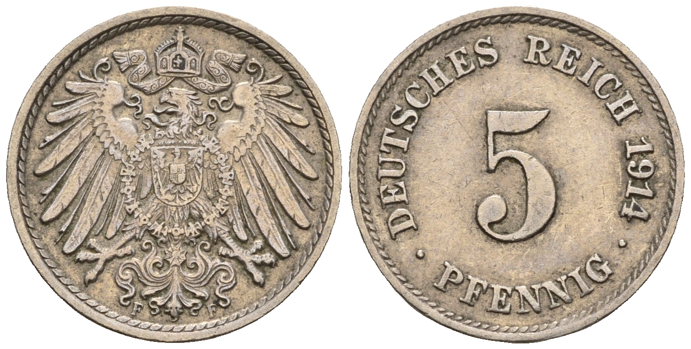 Германия 5 пфеннигов 1914 F, KM 11, J. 12 медно-никель 220-739
