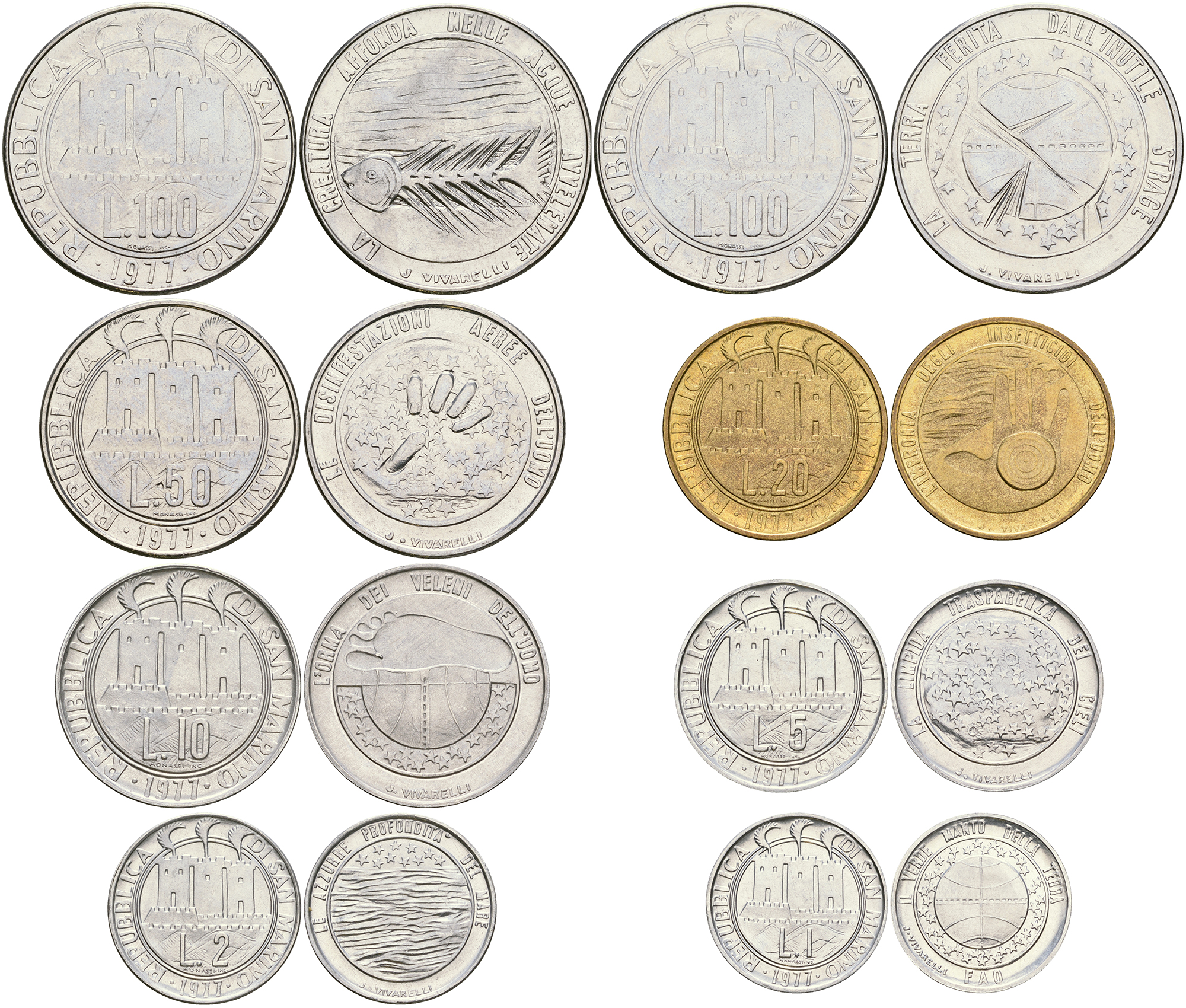 Сан-Марино годовой набор из 8 монет 1977 1, 2, 5, 10, 20, 50, 100 и 100 лир KM 63-70 UNC 3-6-4-56