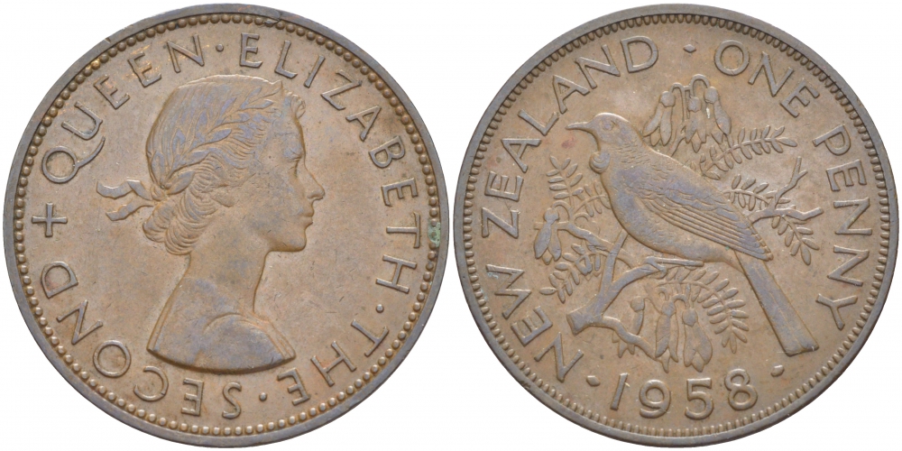 Новая Зеландия 1 пенни 1958 Елизавета II (1952-2022), новозеландский туи KM 24.2 бронза 3457-113