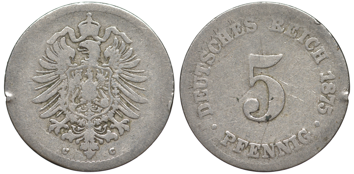 Германия 5 пфеннигов 1875 C, старогербовка KM 3, Jager 3, Weege 5 медно-никель 45-1051
