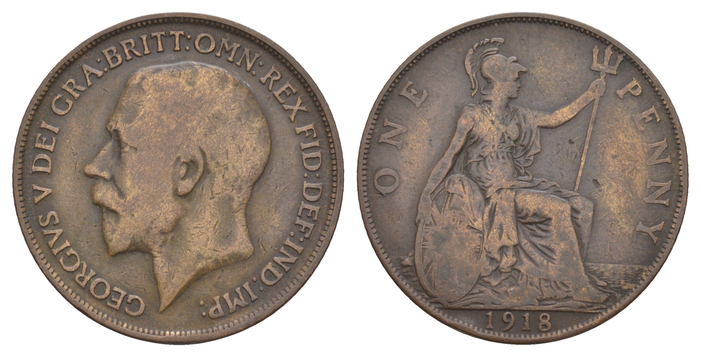 Великобритания 1 пенни 1918 Георг V (1910-1936) KM 810, Spink 4051 бронза 114-325