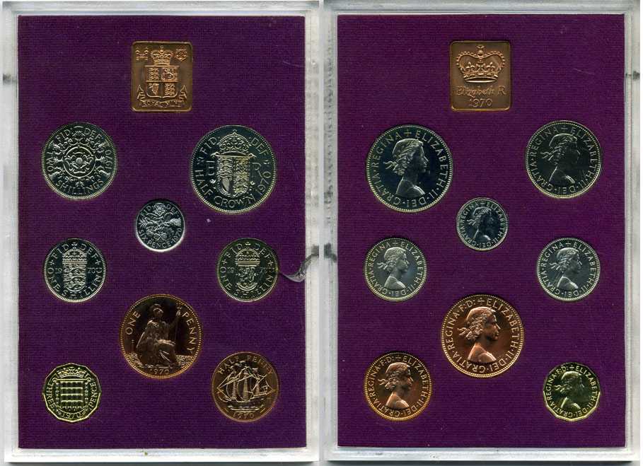Великобритания набор из 8 монет и 1 жетон монетного двора 1970 в оригинальной упаковке KM PS 26 PROOF 3-6-4-12