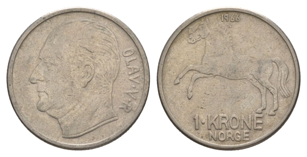 Норвегия 1 крона 1966 Улаф V (1957-1991) KM 409 медно-никель 4635-646