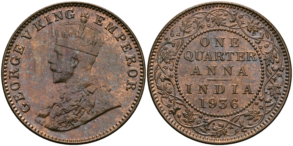 Британская Индия 1/4 анна 1936 Георг V (1910-1936) KM 512 бронза UNC 94-256