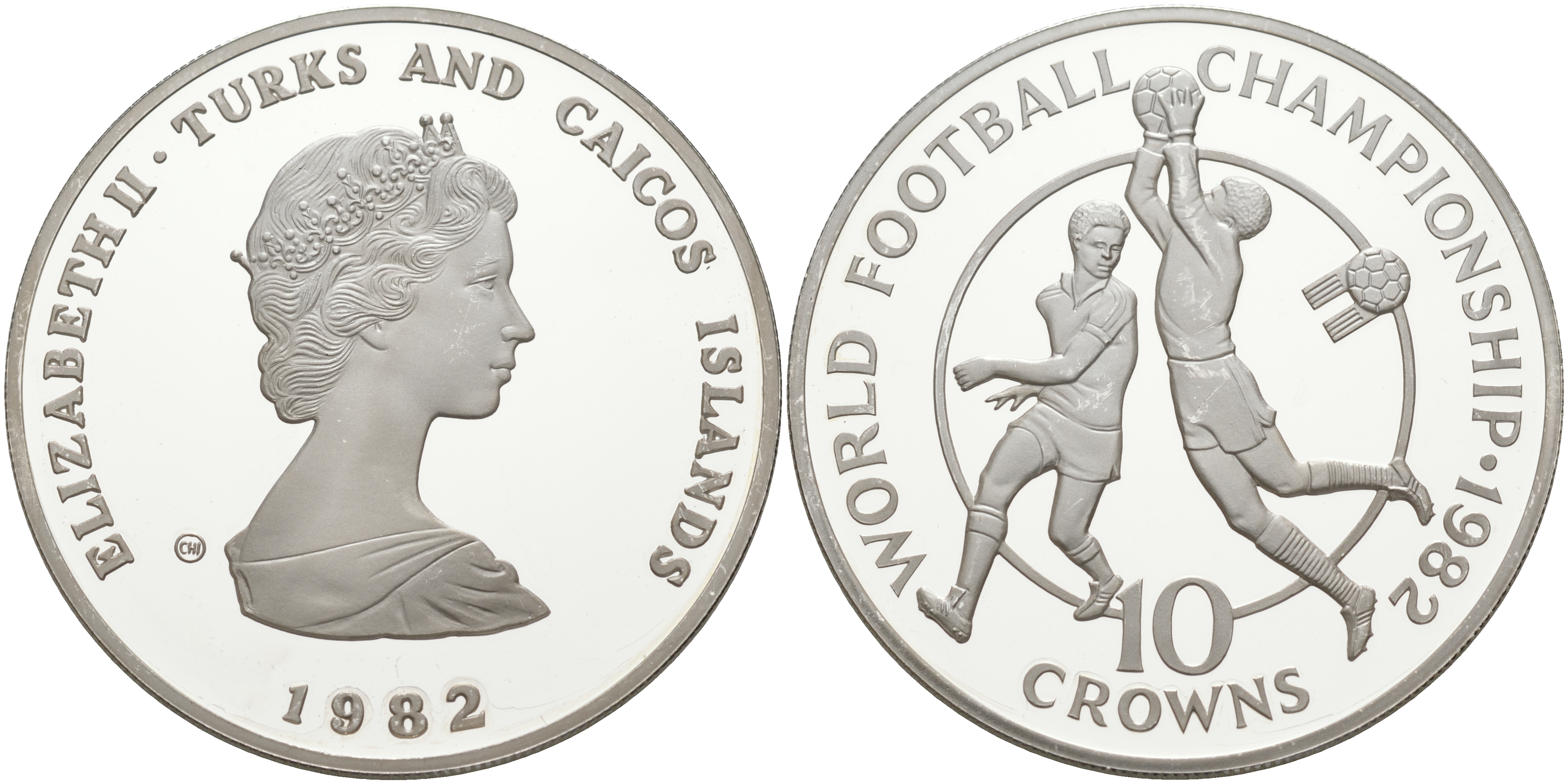 Теркс и Кайкос 10 крон 1982 чемпионат мира по футболу 1982 года в Испании, вратарь и игрок KM 57 серебро PROOF 00-00