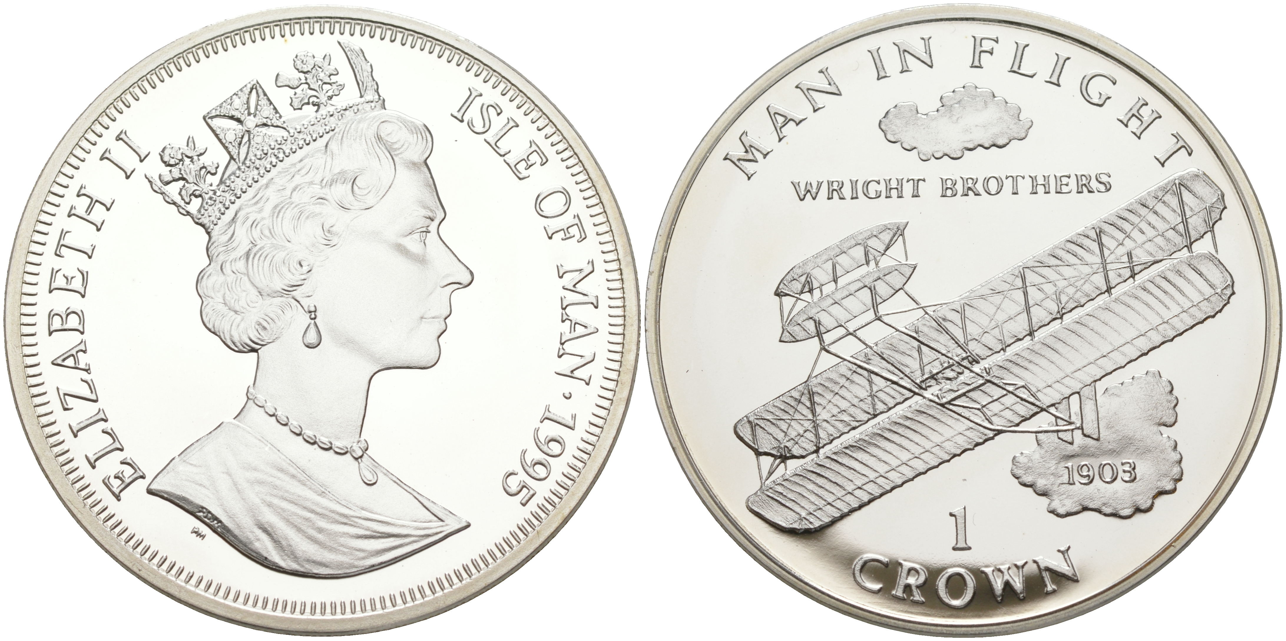 Остров Мэн 1 крона 1995 человек в полете, самолет братьев Райт KM 437а серебро PROOF 1074-5-12