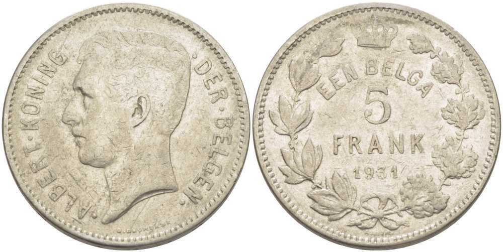 БЕЛЬГИЯ 5 ФРАНКОВ 1931 АЛЬБЕРТ I, DER BELGEN KM 98 никель 3851-343