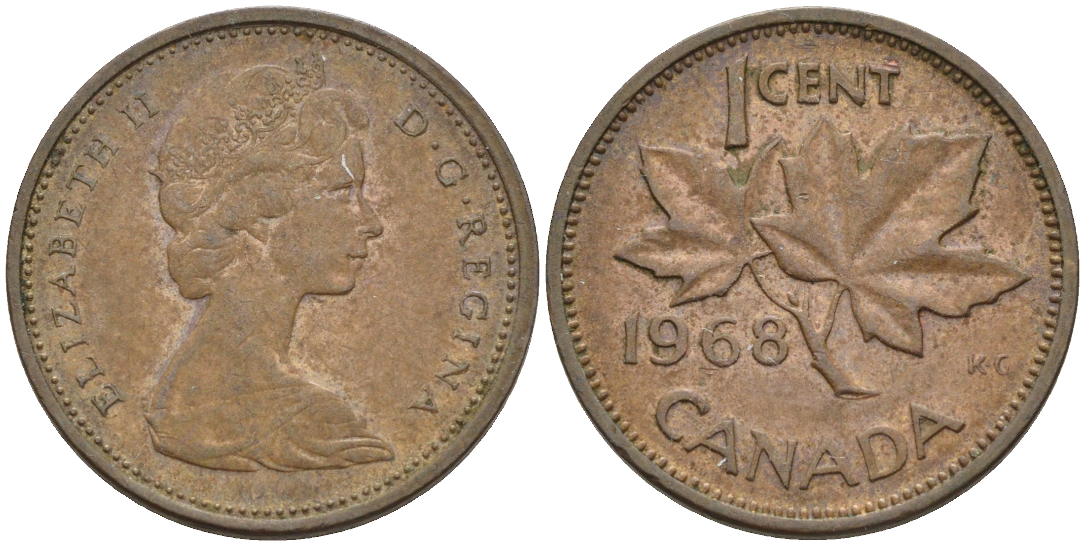 Канада 1 цент 1968 Елизавета II (1952-2022), кленовый лист KM 59.1 бронза    4147-251