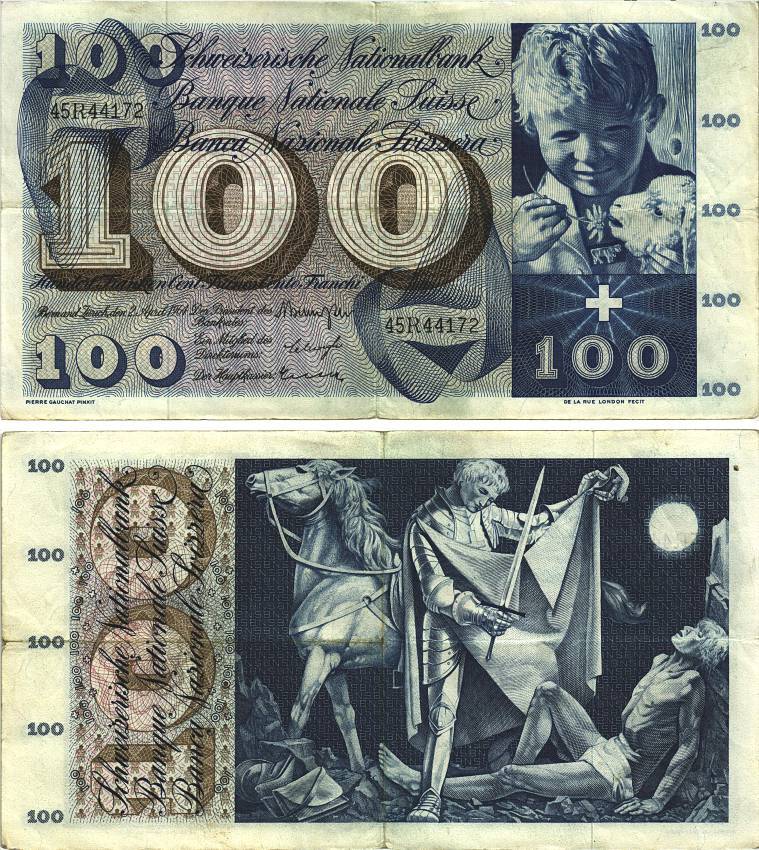 Швейцария 100 франков 1964 2 апреля 1964, серия 45 R, подпись 39 Pick 49 f бумага 8606-20-1-1